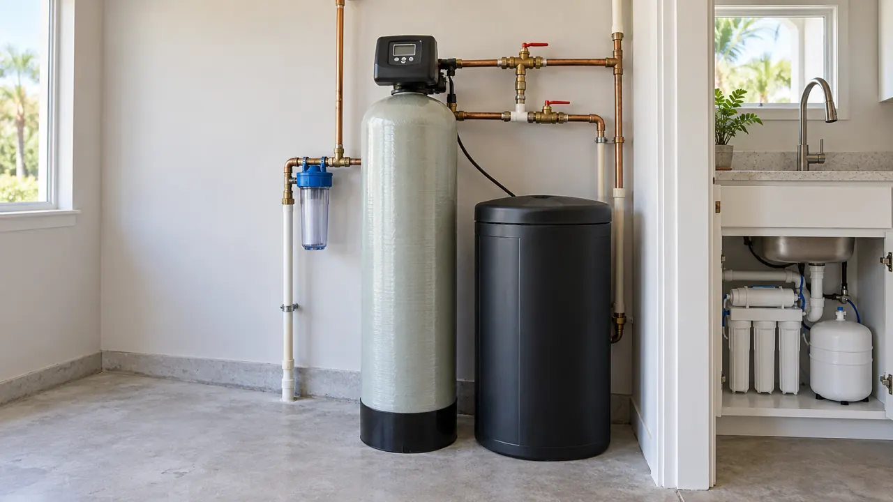 Illustrative water-treatment equipment with a media vessel, separate softener and under-sink drinking-water unit